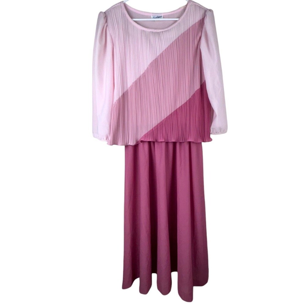 Vintage Good Times Pink Colorblock Midi Dress Long Sleeve Pleated Size 15/16 - Picture 2 of 10